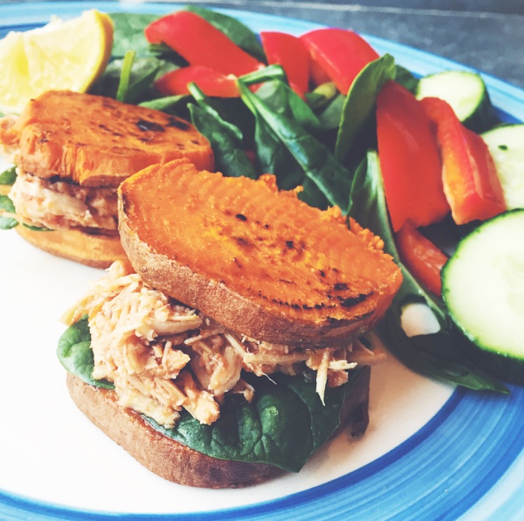 Whole30 approved BBQ chicken sliders on sweet potato buns