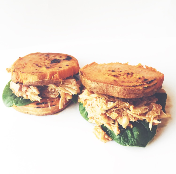 Whole30 approved BBQ chicken sliders on sweet potato buns